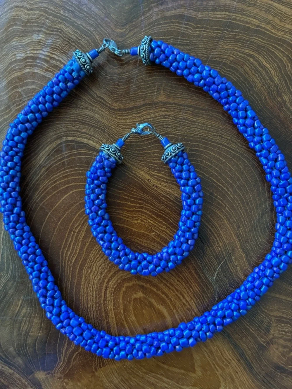 Handmade Royal Blue Beaded Necklace and Bracelet Set